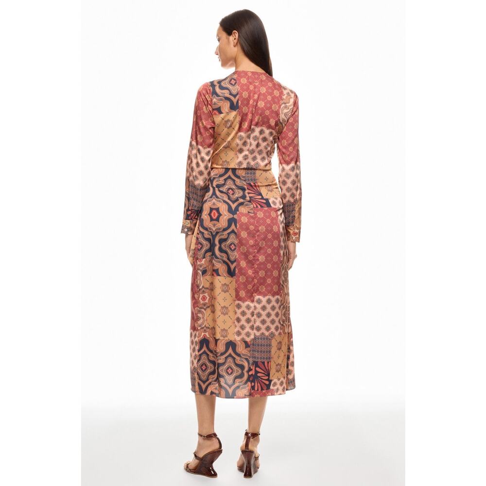MISA Eliza Patchwork Print Long Sleeve Tie Waist Boho Wrap Midi Dress Size M - Picture 3 of 16